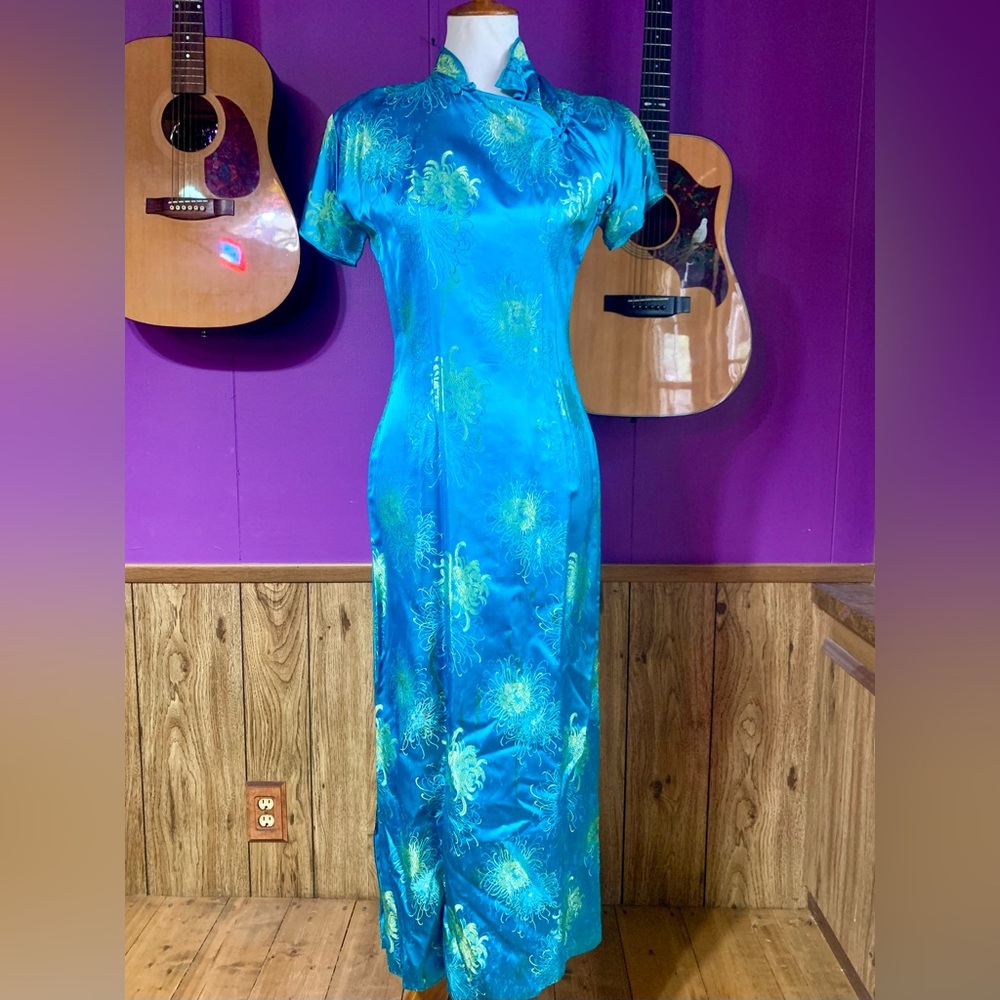 Women’s Vintage 60’s Long Japanese Dress SZ 10 Teal and Green - Picture 1 of 14
